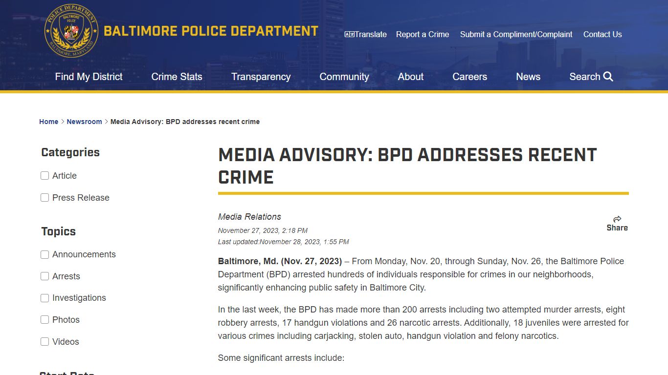 Media Advisory: BPD addresses recent crime - Baltimore Police Department