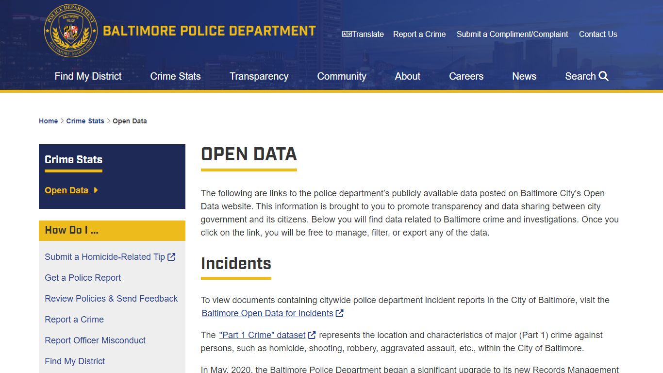 Open Data - Baltimore Police Department