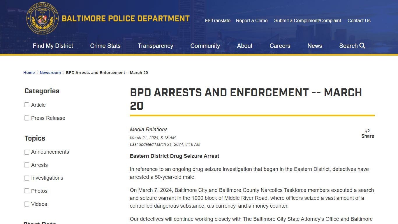 BPD Arrests and Enforcement -- March 20 - Baltimore Police Department